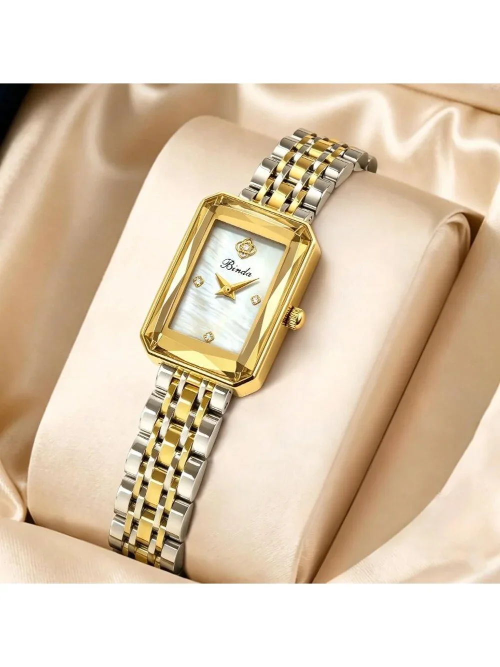 Women's Silver Gold White Vintage Rectangular Case Stainless Steel Band Watches